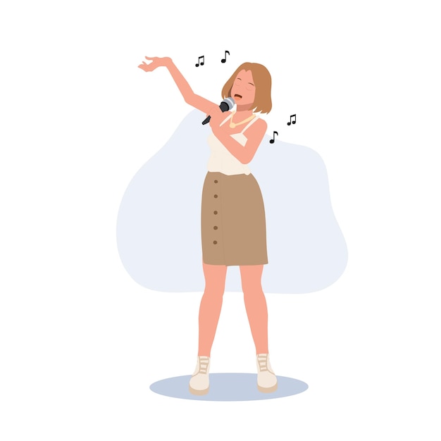 Mujer cantante mujer con micrófono está cantando ilustración vectorial plana