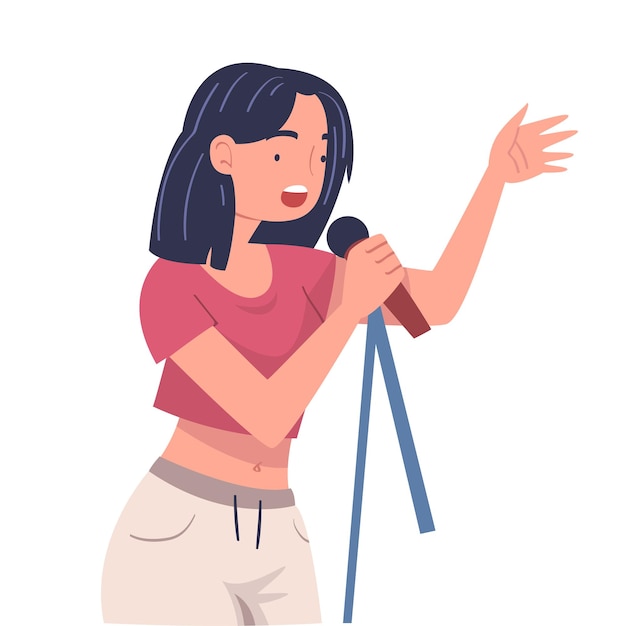 Mujer cantante y músico con micrófono tocando música en el escenario Ilustración vectorial
