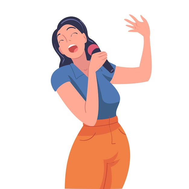 Mujer cantante y músico con micrófono tocando música en el escenario Ilustración vectorial