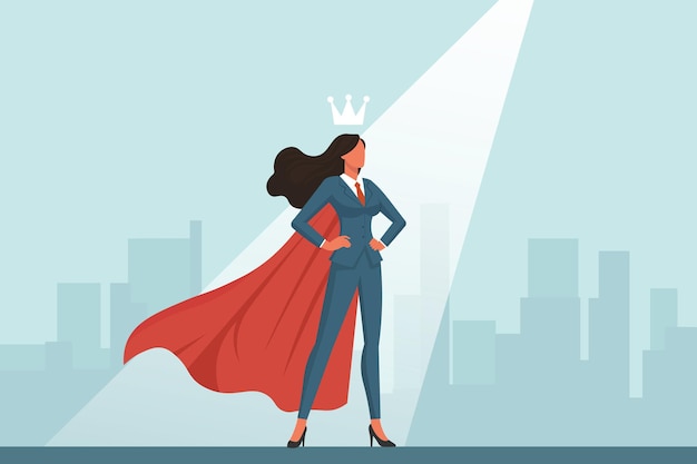 una mujer con una capa roja de pie frente a un fondo de la ciudad mujer de negocios pose de superhéroe blanco