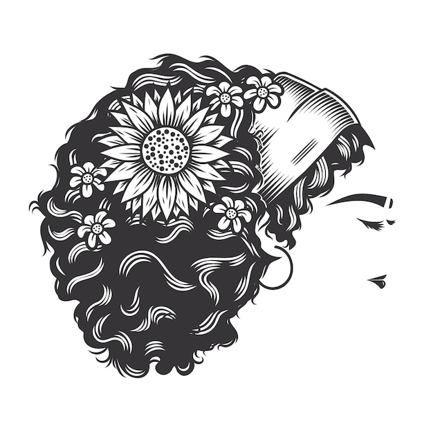 Mujer cara afro messy bun vintage con peinados de flores ilustración de arte de línea vectorial.