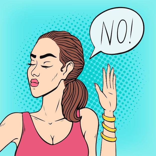 Vector mujer de cara enojada de arte pop diciendo no y gesticulando con la mano