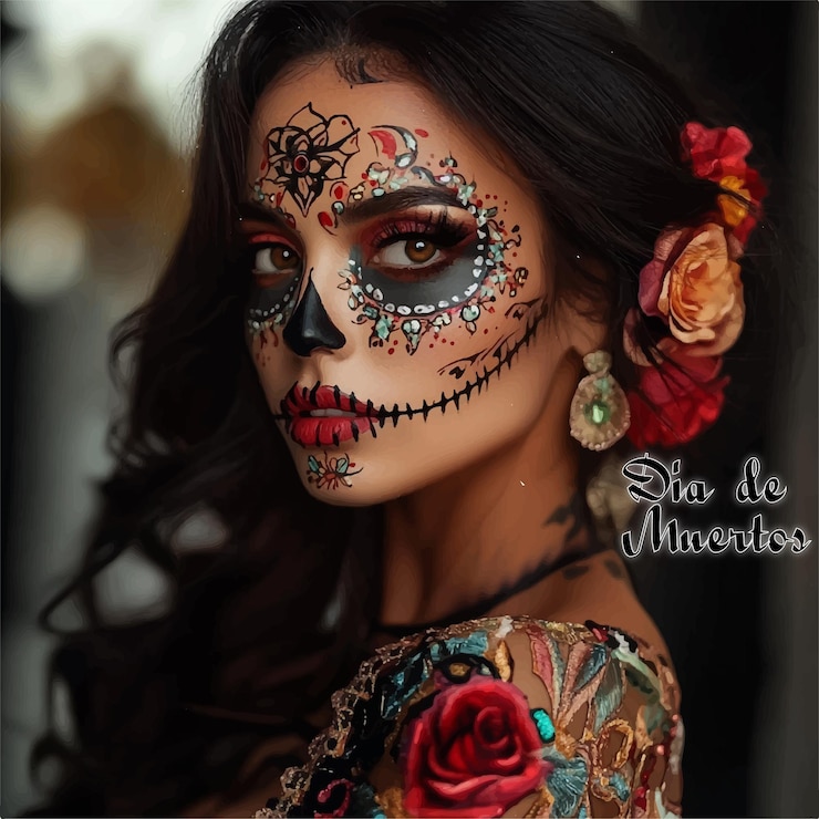 Vector una mujer con la cara pintada y una flor en el cabello dia de muertos