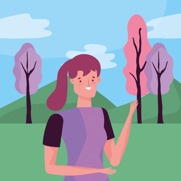 Vector mujer de carácter sobre diseño de vector de paisaje