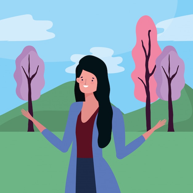 Vector mujer de carácter sobre diseño de vector de paisaje