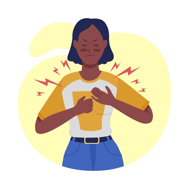 Mujer con carácter vectorial de color semiplano de acidez estomacal. Figura posando. Persona de cuerpo completo en blanco. Síndrome post covid aislado ilustración de estilo de dibujos animados moderno para diseño gráfico y animación
