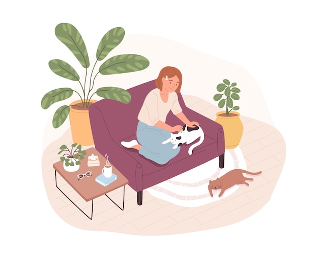 Mujer cariñosa acariciando lindo gato sentado en el sofá juntos vector ilustración plana. Feliz dueña de dos mascotas pasando tiempo en casa aislada en blanco. Persona sonriente con sus animales domésticos.