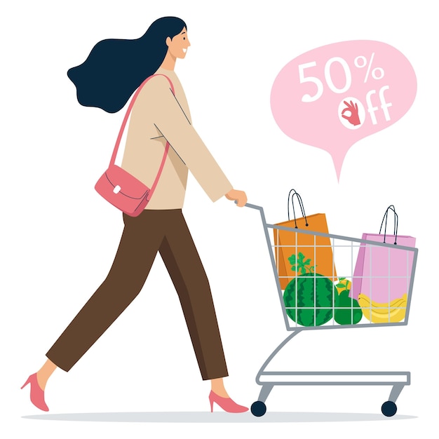 Mujer con un carrito de compras lleno de comestibles con un descuento de 50