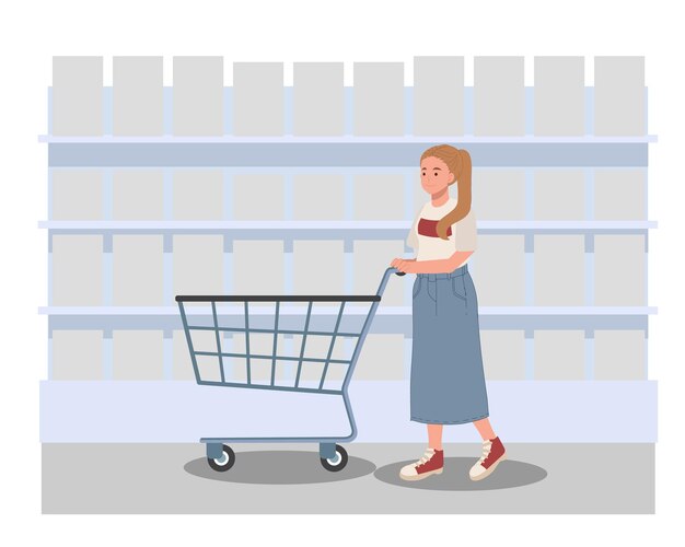 Mujer con carrito de compras mujer está comprando frente a ilustración de vector de estante de mercancías