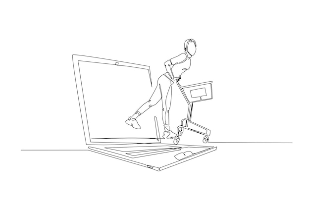 mujer con carrito de compras sale de la computadora portátil en un dibujo continuo de una línea