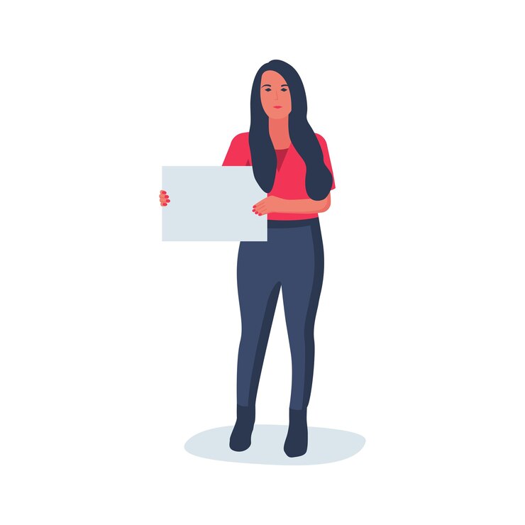 Vector mujer, con, cartel, joven, mujer hermosa, tenencia, un, vacío, cartel en blanco, en, manos