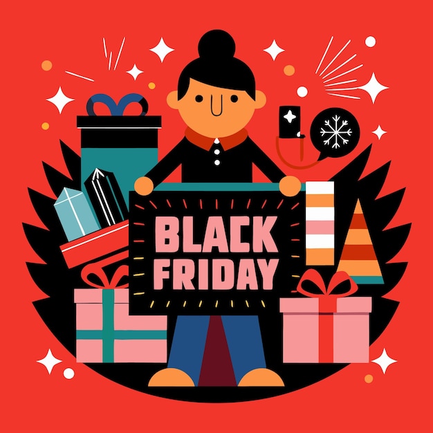 Una mujer con un cartel que dice "Viernes Negro" rodeada de regalos y otros artículos navideños