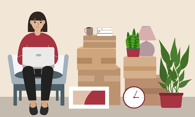 Una mujer en casa con una computadora portátil se sienta en una silla. el concepto de registro en línea de la entrega de cajas, mercancías y asistencia en la mudanza. ilustración de vector plano.