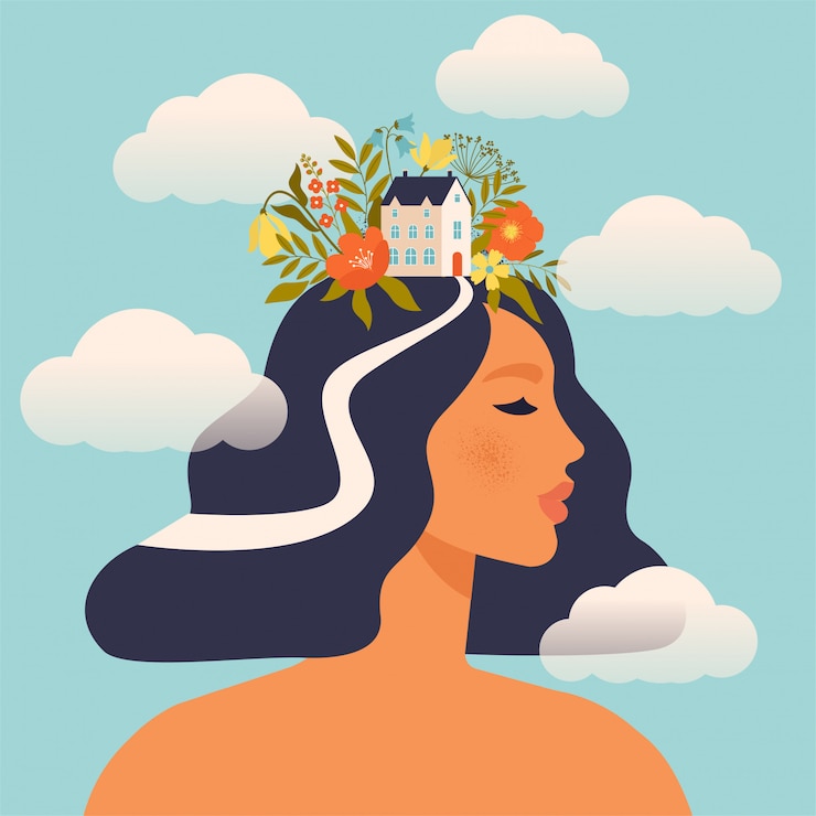 Vector mujer con casa y flores en la cabeza rodeada de nubes