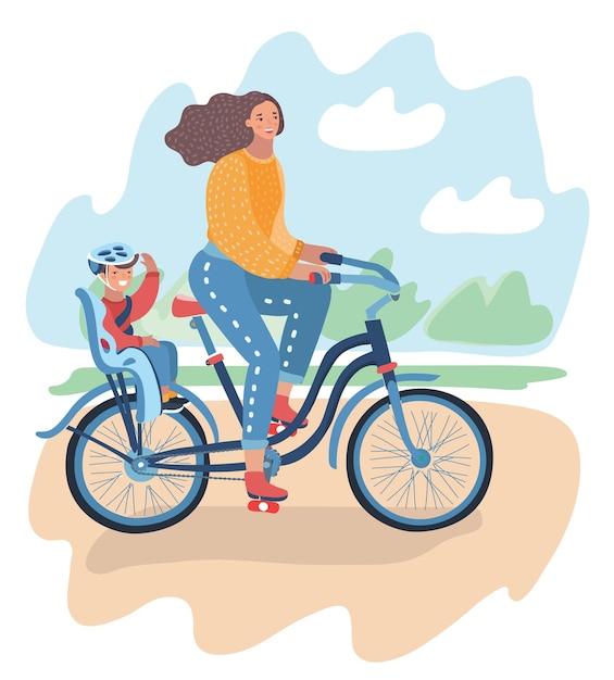 Mujer en casco andar en bicicleta, bicicleta con niña sentada en el asiento trasero del bebé, madre e hija, Ilustración de vector plano estilizado aislado sobre fondo blanco