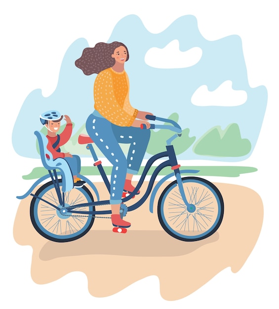 Mujer en casco andar en bicicleta, bicicleta con niña sentada en el asiento trasero del bebé, madre e hija, ilustración de vector plano estilizado aislado sobre fondo blanco