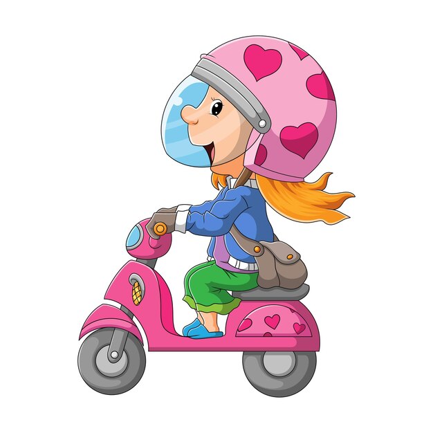La mujer con el casco brillante está montando la motocicleta de la ilustración.