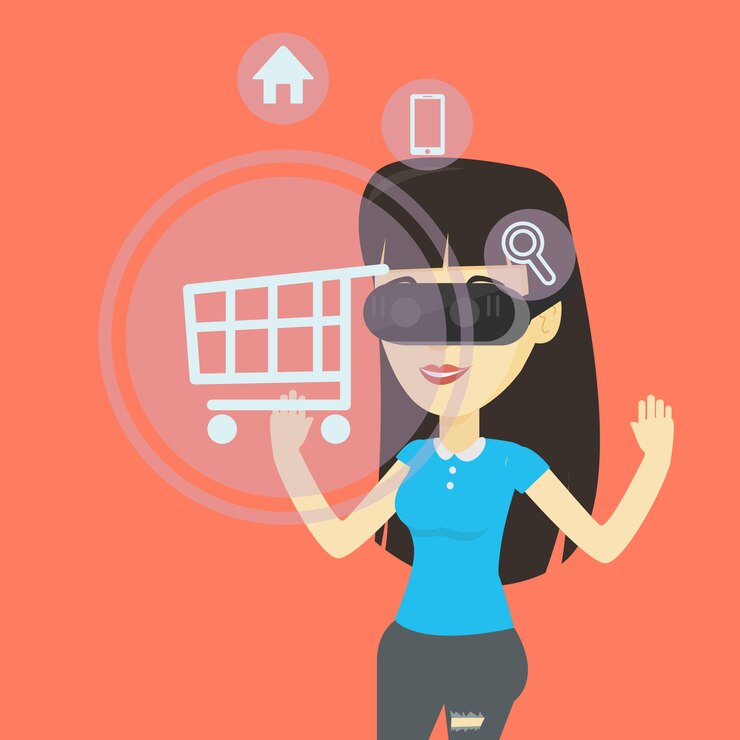 Vector mujer en casco de realidad virtual de compras en línea.