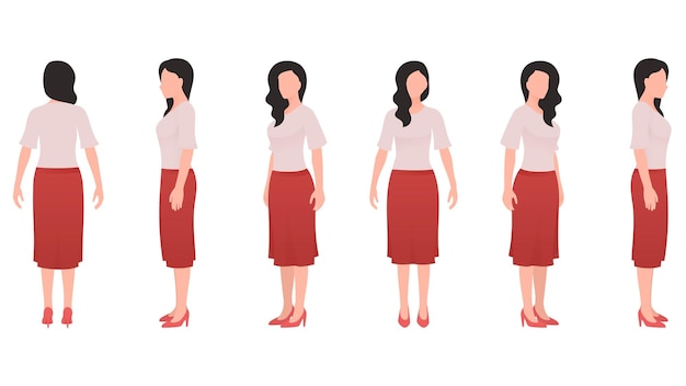 mujer, en, casual, avatar, mujer, en, cima, y, falda larga, negocio, carácter, conjunto, vector, ilustración, blanco, plano de fondo