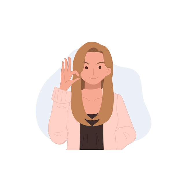 Mujer casual gesticulando signo de mano ok Ilustración de personaje de dibujos animados de vector plano
