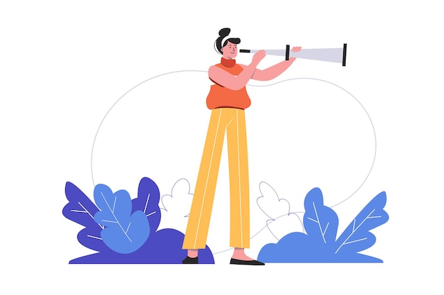Mujer con catalejo en busca de oportunidades. Desarrollo de carrera y gente de negocios exitosa escena aislada. Concepto de búsqueda de empleo y recursos humanos. Ilustración de vector de diseño plano minimalista