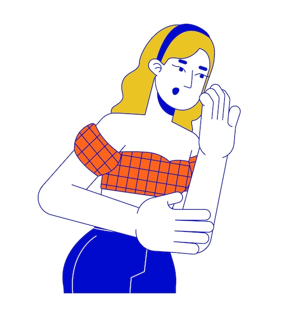 Mujer caucásica conmocionada cubriendo la boca con la mano personaje de dibujos animados lineal en 2D
