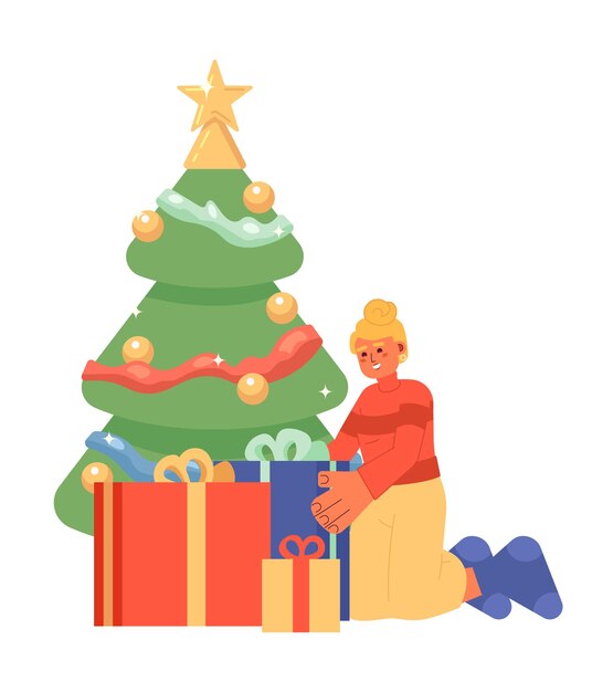 Mujer caucásica envolviendo regalos bajo el árbol de Navidad Personaje de dibujos animados 2D Mujer joven que envasa presenta un vector aislado Persona de fondo blanco Preparación de Navidad Ilustración de manchas planas en color