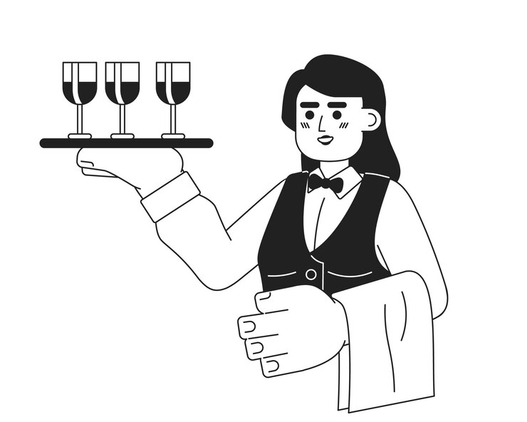 Vector mujer caucásica joven adulta servidor de vino en blanco y negro personaje de dibujos animados 2d camarera europea bandeja de contorno vectorial aislado persona anfitriona con copas de vino ilustración de punto plano monocromático
