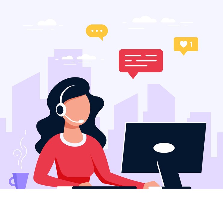 Vector mujer caucásica con portátil y auriculares con micrófono. soporte técnico, asistencia, centro de llamadas y concepto de servicio al cliente. ilustración de vector de estilo plano
