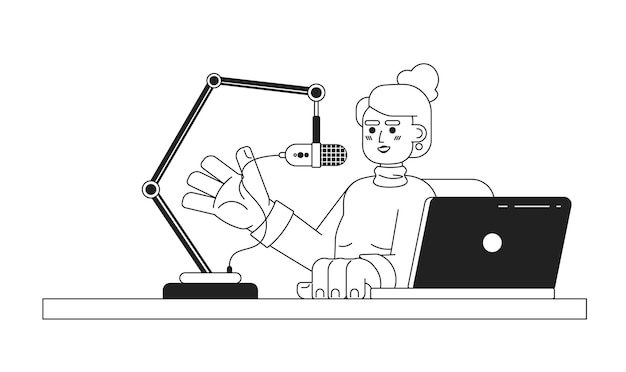 Mujer caucásica que habla soporte de micrófono portátil personaje de dibujos animados 2D en blanco y negro anfitrión de programa de radio joven adulta mujer contorno vectorial aislado persona influyente ilustración de punto plano monocromático