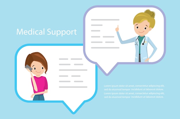 Mujer caucásica con teléfono inteligente y mujer feliz médico en la ilustración vectorial de burbujas de habla