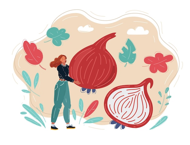 Mujer con cebolla grande Concepto de comida saludable dieta cocina vegana