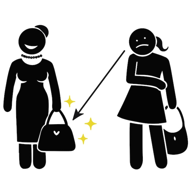 Vector mujer celosa buscando a alguien con glamour brillante ilustración vectorial de bolsa de marca