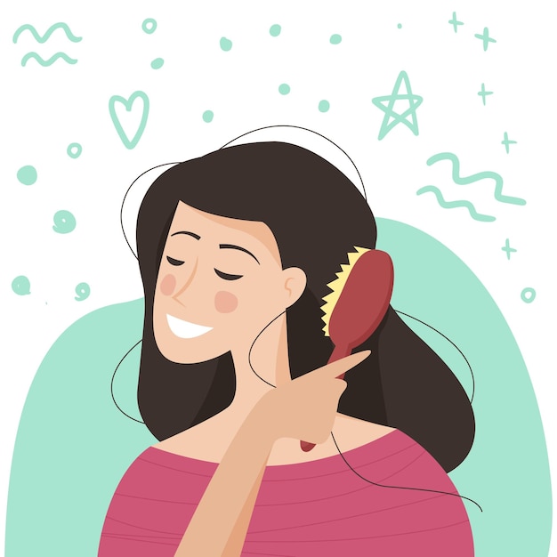 Mujer cepillando el cabello Cepillo en la mano Ilustración de vector de estilo de dibujos animados plana