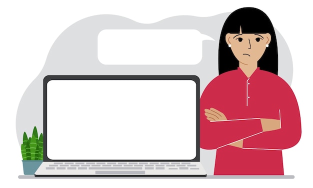Una mujer cerca de una computadora portátil se encuentra con los brazos cruzados Hay una nube blanca para escribir texto de su boca Ilustración plana vectorial