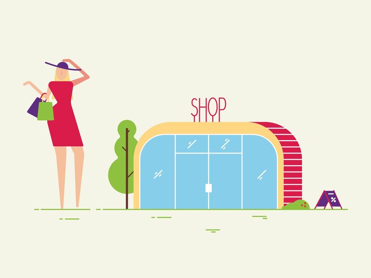 Vector mujer cerca del edificio de la tienda con paquetes vector ilustración estilo plano