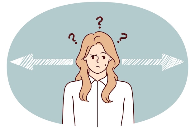 Mujer cerca de flechas que apuntan en diferentes direcciones para una imagen vectorial de concepto de decisión difícil