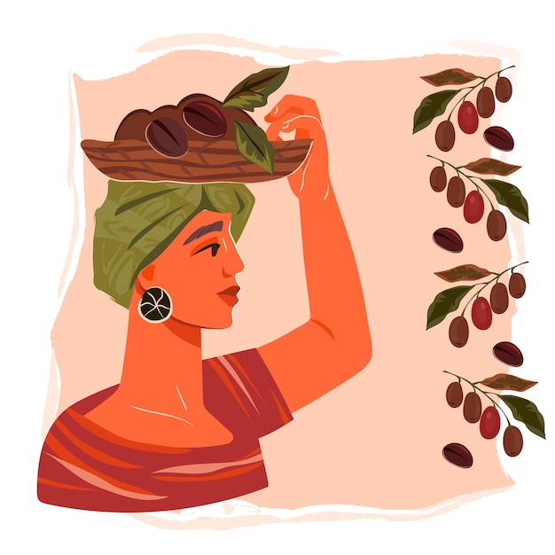 Mujer con cesta de granos de café ilustración vectorial plana dibujada a mano aislada sobre fondo blanco Logotipo del emblema del café para el elemento de diseño de embalaje