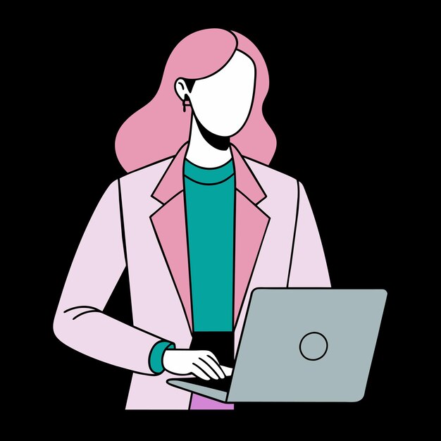 una mujer con una chaqueta rosa y una computadora portátil en su regazo