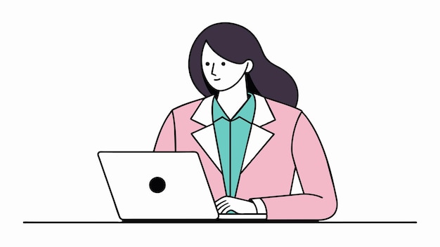 una mujer con una chaqueta rosa está usando una computadora portátil con un punto negro en la parte inferior