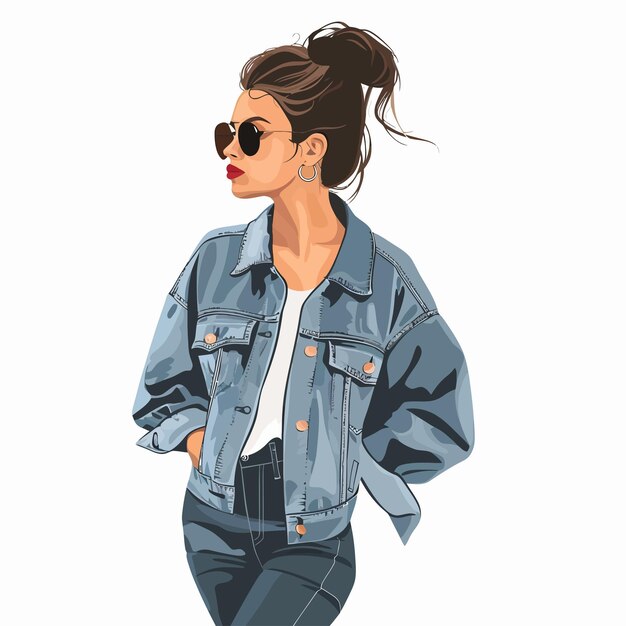 una mujer con una chaqueta de vaqueros y gafas de sol está de pie frente a un fondo blanco