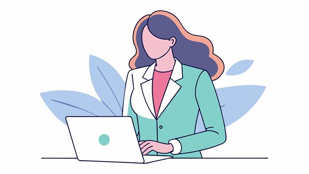 una mujer con una chaqueta verde está usando una computadora portátil