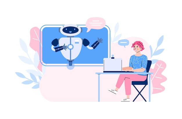 Mujer charlando con la ilustración de vector de dibujos animados de robot chatbot aislado