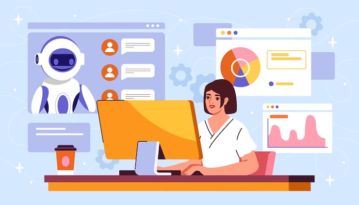 Vector mujer con chat de ia niña joven en la computadora se comunica con asistente virtual inteligencia artificial y aprendizaje automático ilustración vectorial plana