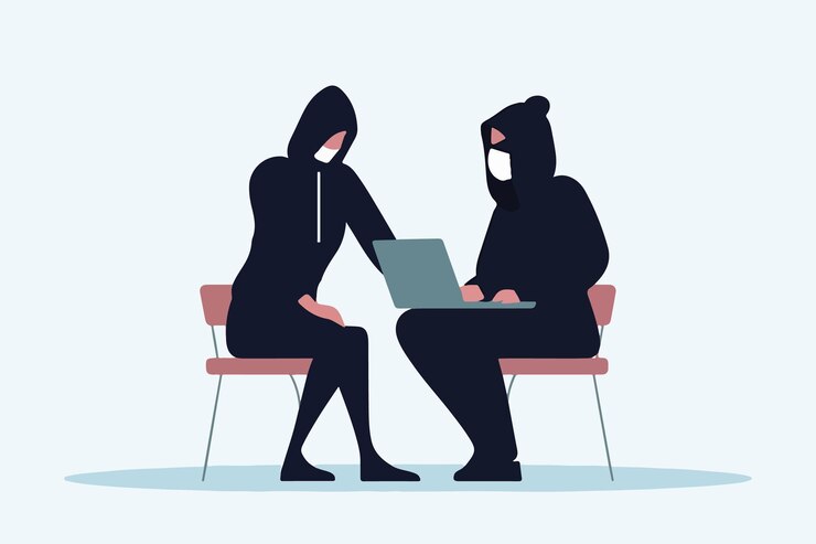 Vector mujer chateando con un hacker masculino en línea hombre estafador comunicándose con una chica en internet ilustración vectorial que representa a un novio falso y una estafa web