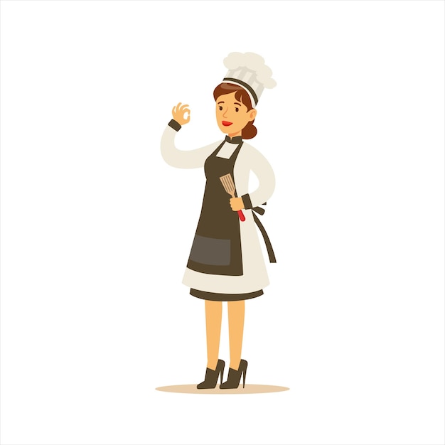Mujer chef de cocina profesional que trabaja en el restaurante con uniforme tradicional clásico con personaje de dibujos animados de delantal negro