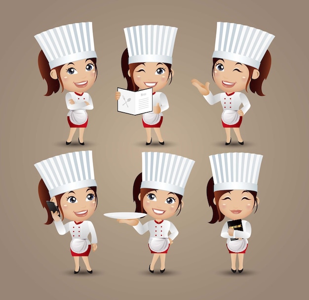 Mujer chef con diferentes poses