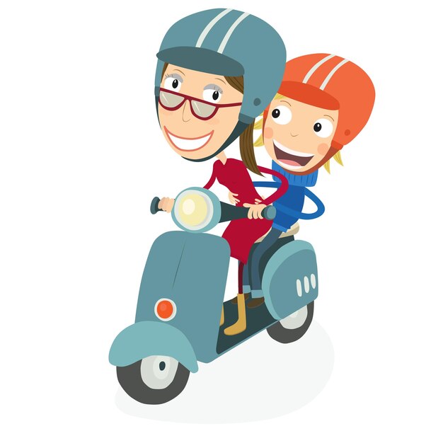 Vector mujer y chico rubio conduciendo un scooter ilustración vectorial