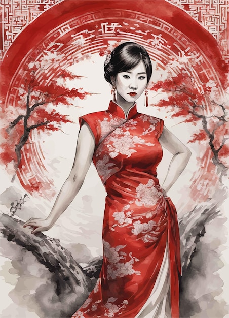 Vector mujer china con vestido rojomujer china con vestido rojomujer asiática con vestido rojo y vestido chino rojo