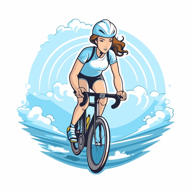 Mujer ciclista montando bicicleta en el fondo del cielo azul ilustración vectorial diseño gráfico